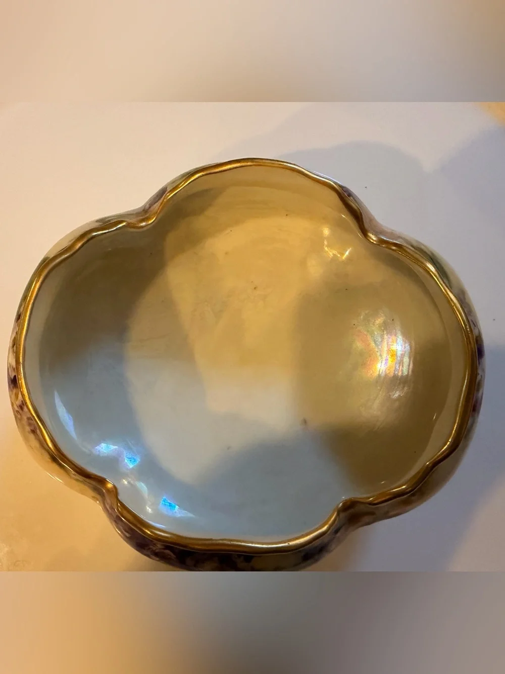 A hand-painted porcelain footed bowl with gilded rim and floral decoration.